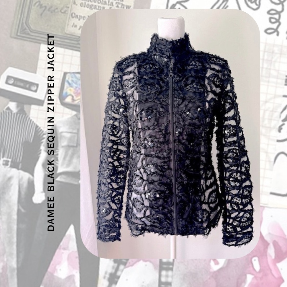 Damee black sequined zip up collarless mesh sheet jacket
